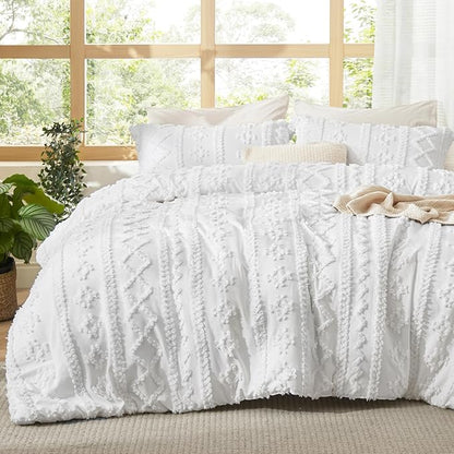 Bedsure Tufted Boho Comforter Set Queen Size - Bright White Boho Bed Set, GentleSoft™ 3 Pieces Farmhouse Shabby Chic Embroidery Bedding, Gifts for Woman, Soft Jacquard Queen Comforter for All Seasons