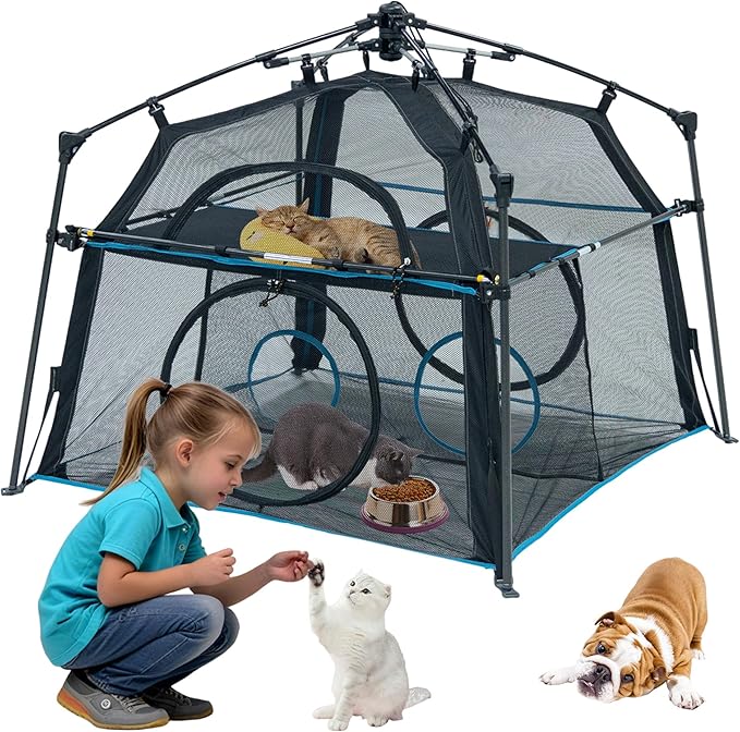 Cat Enclosure and Cat Tower Tent with Two Styles of canopiesfor Indoor and Outdoor,X-Large Outdoor Catio, Cat Tent,Portable and Foldable,Two Doors Design can Assemble More Shapes (Patented)-Mewly Pet