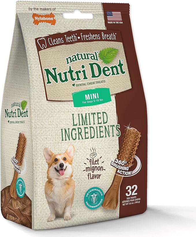 Nylabone Nutri Dent Dog Dental Chews - Natural Dog Teeth Cleaning & Breath Freshener - Dental Treats for Dogs - Filet Mignon Flavor, Mini (32 Count) (Pack of 2)-Mewly Pet