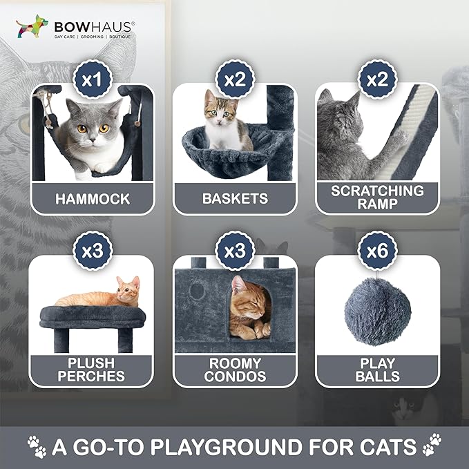 Extra Large 80-Inch Tall Cat Tree w/Widened Perch for Large Cats, Big Cat Tower Indoor, Modern Multi-Level Activity Tower with Scratching Posts, Condos, Baskets, Hammock, Scratching Ramps-Mewly Pet