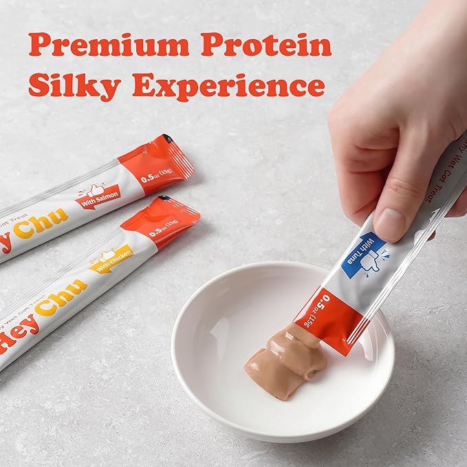 Squeezable Cat Treats, Lickable Puree, Grain-Free, 96 Tubes, Tuna Salmon Chicken, 0.5oz Each Tube-Mewly Pet