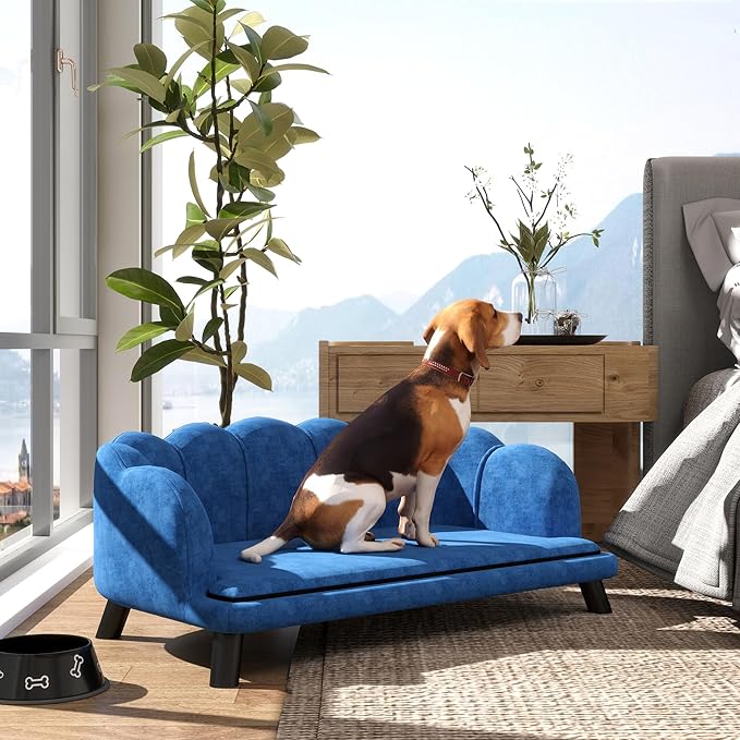 PawHut Velvet Large Dog Couch with Foam Cushion, Soft and Cute Bed with Pearl Design, Sofa for Big and Medium Dogs, Dark Blue-Mewly Pet