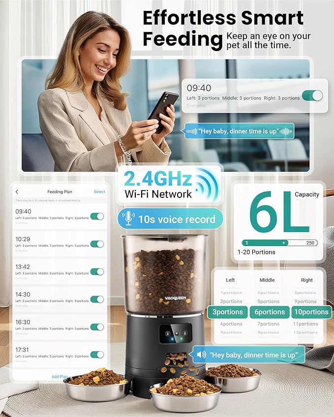 Automatic Cat Feeder for 3 Cats, 6L/25 Cups Smart WiFi Pet Feeder, Strong Anti-Jam System, Dual-Effect Desiccant Cat Food Dispenser, with 10S Voice Recorder for Cats and Small Dog(Black)-Mewly Pet