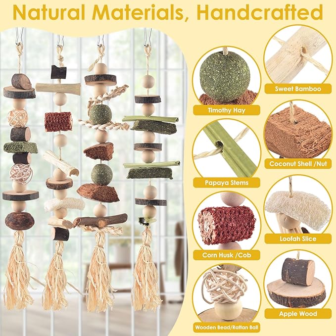 4 Pcs Bunny Chew Toys for Teeth, Hanging Rabbit Chewing Toy Treats with Timothy Grass & Natural Apple Wood, Improve Small Rodent Dental Health for Guinea Pig Hamster Chinchilla Rat Gerbil-Mewly Pet