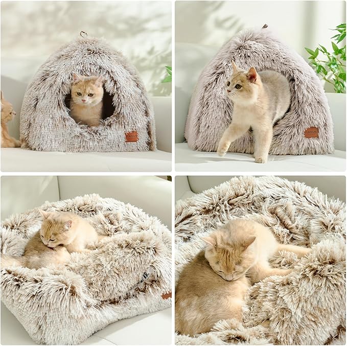 CATISM Cat Bed, Cat Cave for Indoor Cats, Soft Cat Dome, Self-Warming 2 in 1 Foldable Pet Cat House with Washable Cushioned Pillow Calming Fluffy Dog Beds for Small Dogs with Anti-Slip Bottom Brown L-Mewly Pet