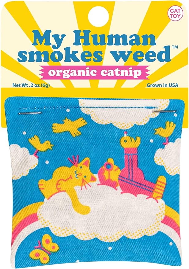 Blue Q My Human Smokes Weed Catnip Cat Toy. Premium Organic Catnip Grown in The USA, 100% Cotton Pouches, Kitty Graphics Sure to Delight Every Cat-Keeper.-Mewly Pet