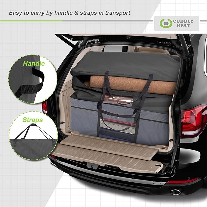 Cuddly Nest Folding Mattress Storage Bag - Heavy Duty Carry Case for Tri-Fold Guest Bed (Fits 4" Full Mattress, Black)