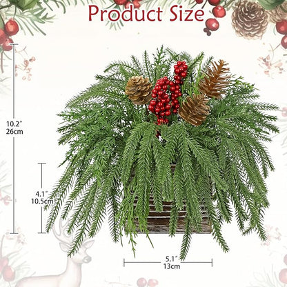Artificial Christmas Norfolk Pine Arrangement with Red Berries and Pinecones 10 Inch Holiday Table Centerpiece in Rustic Wooden Box Faux Tabletop Arrangement for Home Mantel Xmas Dining Table Decor