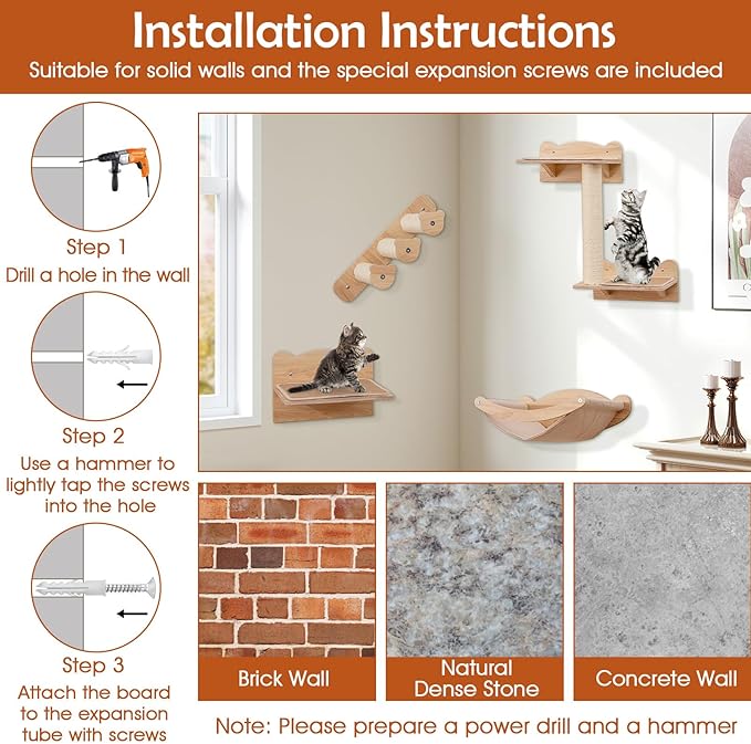 Tangkula Cat Wall Shelves, Wall Mounted 4pcs Kitten Furniture Set with Hammock, 2-Step Kitty Tree, Perch, Non-Slip Carpet Mat, Sisal Stairs & Scratching Posts, Wooden Cat Climber Steps (Natural)-Mewly Pet