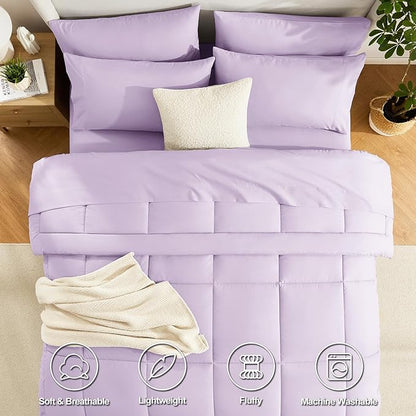 CozyLux King Size Comforter Set Lavender, 7 Pieces Bed in a Bag, Light Purple Comforter King Size, All Season Bedding Sets with Stitch Quilted Comforter, Flat Sheet, Fitted Sheet, Pillowcases