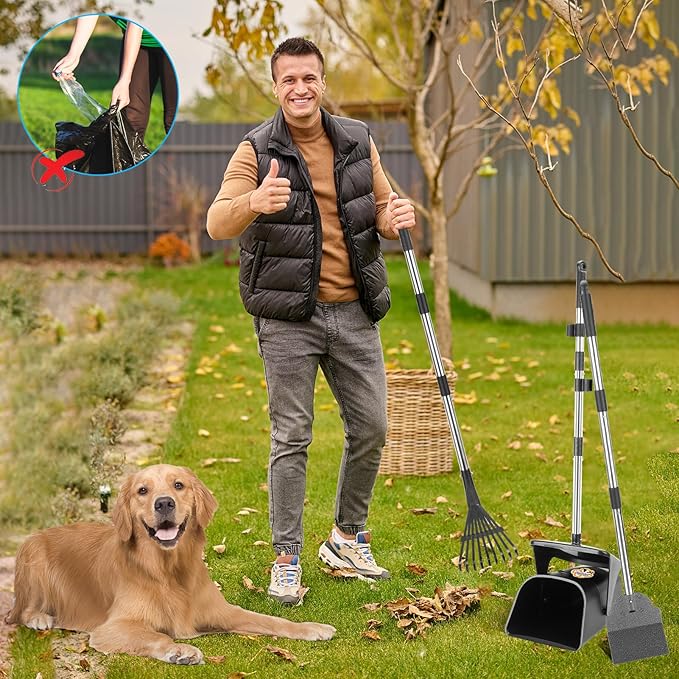 Pooper Scooper Large Swivel Bin & Rake & Spade with 20 Waste Bags and 1 Hook, 39.3" Long Handle Metal Dog Pooper Scooper for Yard, Easy to Clean Pet Waste Use on Grass, Dirt, Gravel or Flats-Mewly Pet