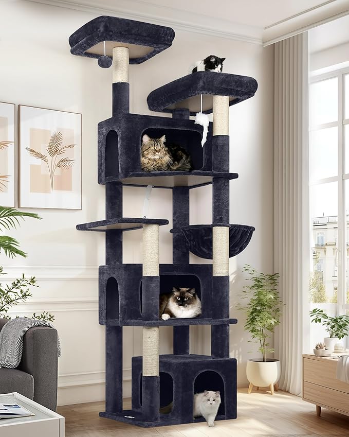 Globlazer Sturdy Cat Tree for Large Cats, 77 inch Large Cat Climbing Tower for Indoor Adult Cats, Cat Scratching Tower with 5 Scratching Posts, 3 Cat Condos, 2 Top Perches, S77, Dark Grey-Mewly Pet