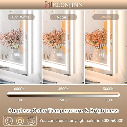 Keonjinn LED Bathroom Mirror with Light, 28x36 in Frontlit and Backlit, Stepless 3 Colors Temperature & Dimmable Wall Mirror, UL Listed LED Driver, Double LED Strips, Tempered Glass LED Vanity Mirror