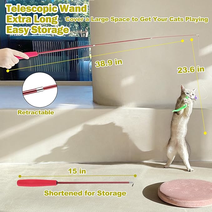 Interactive Cat Toys - Retractable Wand Toy and Feather Toys Refills for Indoor Cats to Chase and Exercise-Mewly Pet
