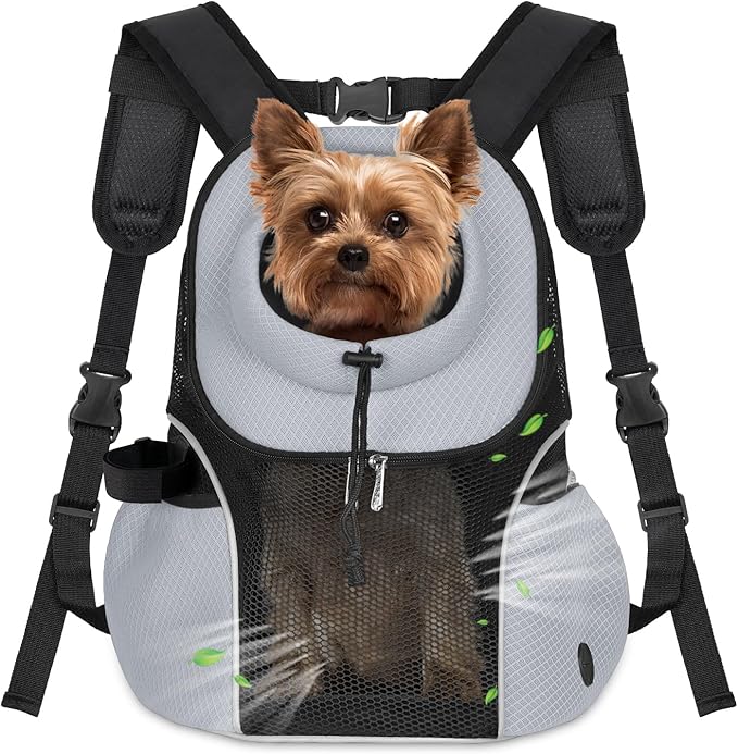 WOYYHO Pet Dog Carrier Backpack Small Dog Front Backpack Ventilated Mesh Dog Travel Back Pack with Safety Belt for Travel Hiking Cycling Outdoor Use (L (10-14 lbs), Grey)-Mewly Pet