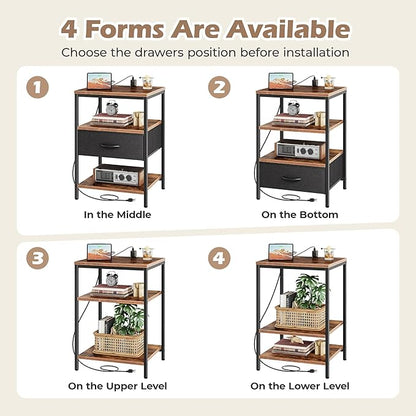 SUPERJARE Night Stand with Charger Station, 27.7 Inch Tall Nightstand with Adjustable Fabric Drawer, Bed Side Table, Fabric Drawer Dresser for Bedroom, Living Room, Rustic Brown and Black