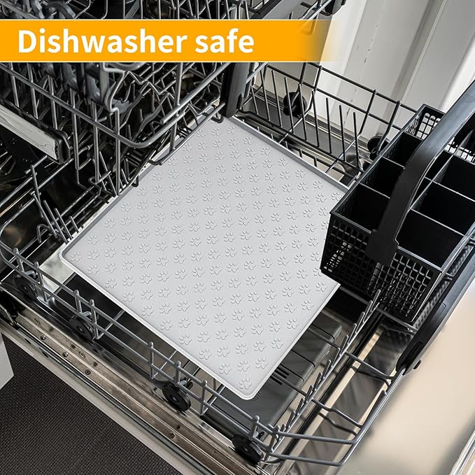 Ptlom Dog Food Mat Anti-Slip Bowl Mats for Food and Water, Waterproof Silicone Pet Placemat with High Raised Edges, Non-Slip Puppy Feeding Tray for Small, Medium Large Cats Dogs, Gray, 11.8"x11.8"-Mewly Pet