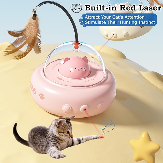 hooroor 2-in-1 UFO Laser Cat Toy – Automatic Motion with Feather, Rechargeable Smart Sensor Interactive Toy for Indoor Cats & Dogs, Fun Exercise & Play, Perfect Pet Gift-Mewly Pet