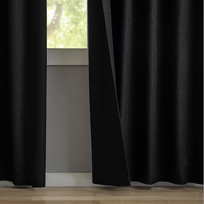 KangBang 100% Blackout Pinch Pleat Linen Curtains 105 Inches Long, Extra Long Pleated Drapes with Hooks, Soft Thick Linen Curtain Panels for Sliding Door Modern Farmhouse,60x105, Black,2 PCs