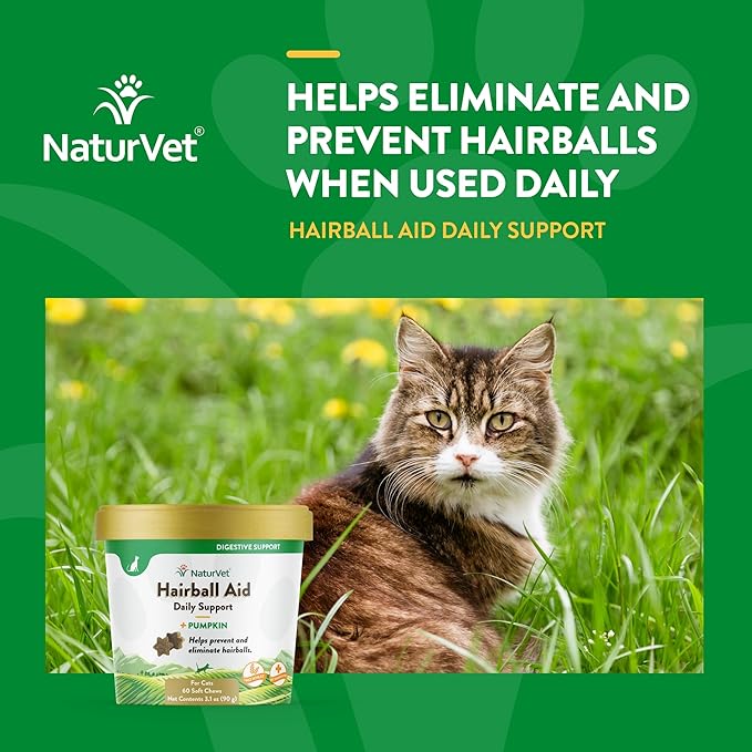 NaturVet – Hairball Aid Supplement for Cats - Plus Pumpkin – Helps Eliminate & Prevent Hairballs – 60 Soft Chews-Mewly Pet