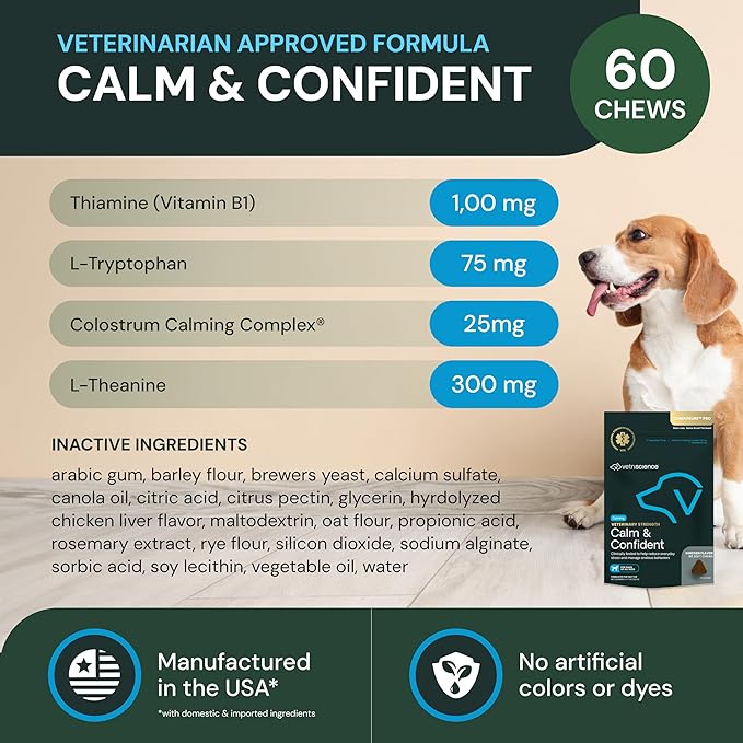 VETRISCIENCE Veterinary Strength Calm & Confident Chews - Stress Supplement for Pets - Supports Brain Function for Cats & Dogs - with L-Theanine, Thiamine & More - 60 Count-Mewly Pet