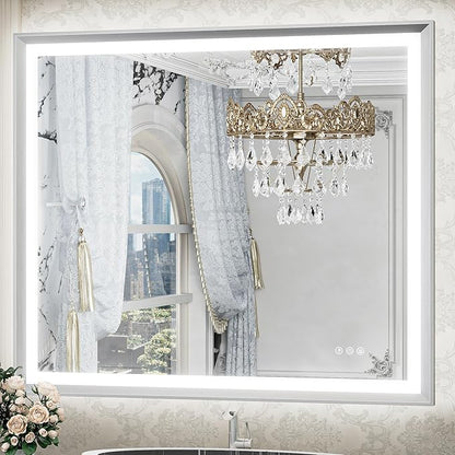 TETOTE Brushed Silver LED Bathroom Mirror with Lights 42x36 Front & Back Light Vanity Framed Mirror Baroque Anti Fog Dimmable White/Warm/Natural,CRI90+,Waterproof,Wall Mounted(Horizontal/Vertical)