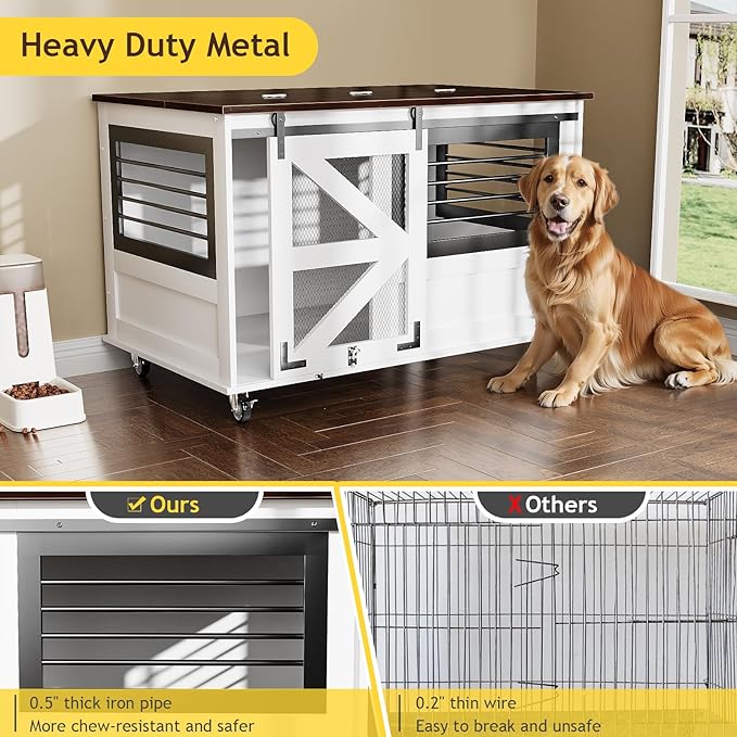 47 inch XL Dog Crate Furniture with Top-Access Teasing/Feeding Doors, Farmhouse Wooden Decorative Dog Crates with Wheels, Chew-Resistant Dog Crates End Table for Medium&Large Dogs, White-Mewly Pet