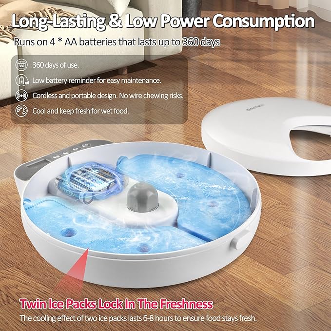 Automatic Cat Feeder Wet Food, Battery Operated Auto Wet/Dry Food Feeder with 2 Ice Packs, Cordless Programmable Timer Pet Auto Dispenser for Cat and Small & Medium Dog (4-Meals & Battery Included)-Mewly Pet