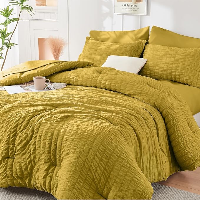 HYMOKEGE Mustard Yellow King Size Comforter Set Seersucker 7 Pieces, All Season Luxury Bed in a Bag for Bedroom, Bedding Set with Comforter, Sheets, Pillowcases & Shams