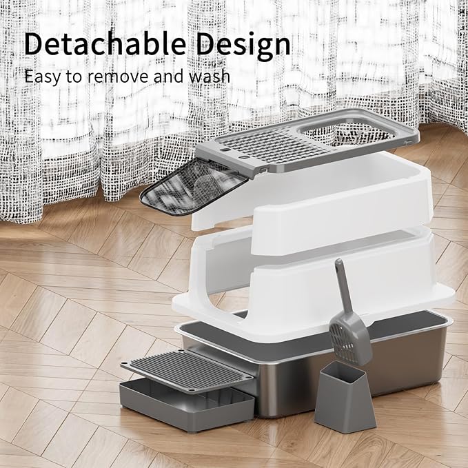 RIZZARI Stainless Steel Cat Litter Box, Odorless Enclosed Litter Box with Top Holes, Large Litter Pan for Small to Large Sized Cats (Dark Gray, 23.8" L*15.9" W*16.1" H)-Mewly Pet