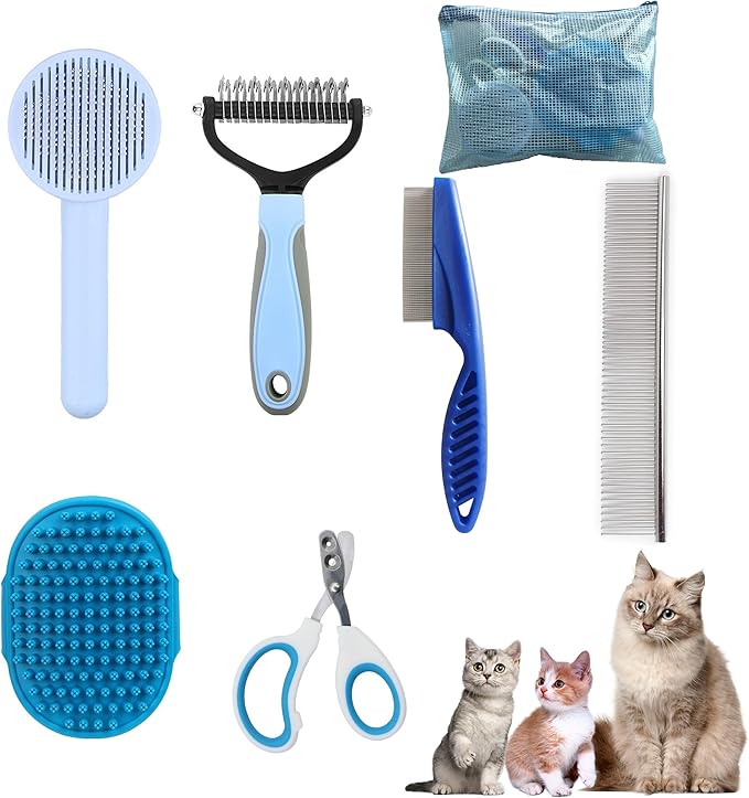 Cat Grooming Brush Kit 6 Tools - Deshedding & Dematting for Long/Short Hair, Self-Cleaning Slicker Brush with 6-in-1 Flea Comb for Cats & Kittens (Blue)-Mewly Pet