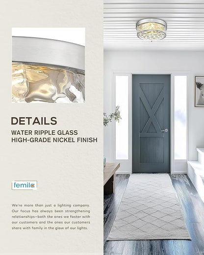 FEMILA Flush Mount Ceiling Light Fixture, 12" Brushed Nickel Ceiling Light, Water Ripple Glass, for Hallway, Living Room, Kitchen, Bedroom, E26 Base, 4FTJ22WG-F BN