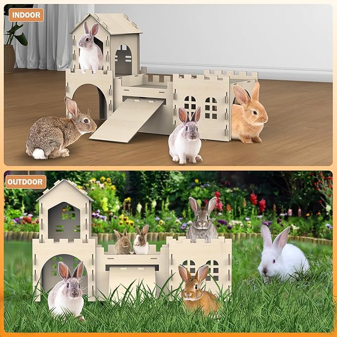 Large Bunny House and Hideouts, Wooden Dual-Layer Rabbit Castle with Stair, Rubber Band-Free Setup - Chew-Proof, Sturdy Habitat for Guinea Pig Chinchilla Ferret (Rabbit House with Tunnels & Tubes)-Mewly Pet