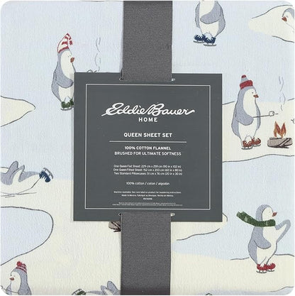 Eddie Bauer - Twin Sheets, Cotton Flannel Bedding Set, Brushed For Extra Softness, Cozy Home Decor (Skating Penguin, Twin)