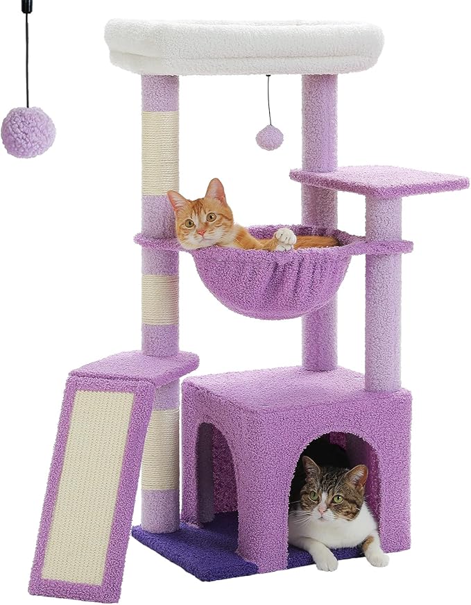 PEQULTI 36.5'' Cat Tree for Indoor Cats, Small Cat Tower with Large Cat Condo, Scratching Posts, Cozy Hammock and Scratching Ladder for Kittens, Purple-Mewly Pet