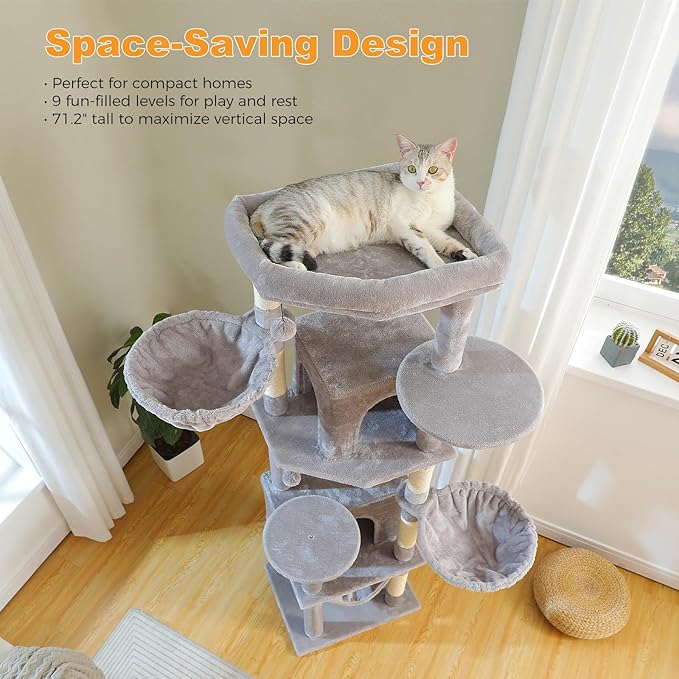 71.2" Tall Cat Tree for Indoor Cats - 9-Level Multi-Cat Tower w/5 Sisal Scratching Posts, 2 Condos, 3 Hammocks, Perch & Pom Poms - Heavy-Duty for Adult Cats, Space-Saving Plush Gray-Mewly Pet