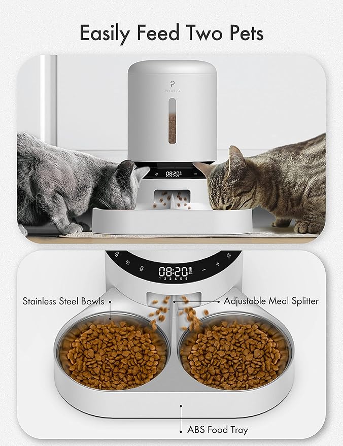 PETLIBRO Automatic Cat Food Dispenser for 2 Pets 5L Auto Dog Feeder Dry Food Dispenser with Splitter & 2 Stainless Bowls, 10s Meal Call and Timer Setting 50 Portions 6 Meals Per Day, Dual Tray Feeder-Mewly Pet