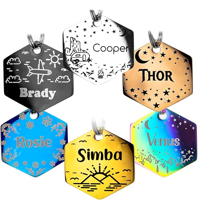 Personalized Dog Tag with 5 Lines of Custom Deep Engraved Durable Stainless Steel Pet ID Name Tag Designer Small Size Hexagon-Mewly Pet