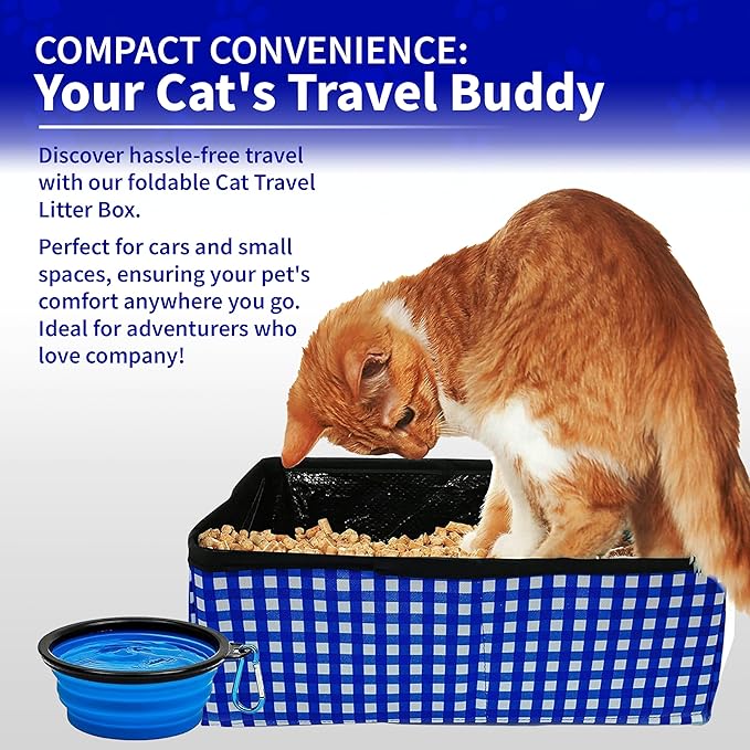 Pet Fit For Life - Vibrant Collapsible Travel Cat Litter Box - Portable, Foldable, Compact Design with Bonus Water Bowl - Ideal for Car & Camping - Reusable, Cats Safe - Blue, (16"x12"x5")-Mewly Pet
