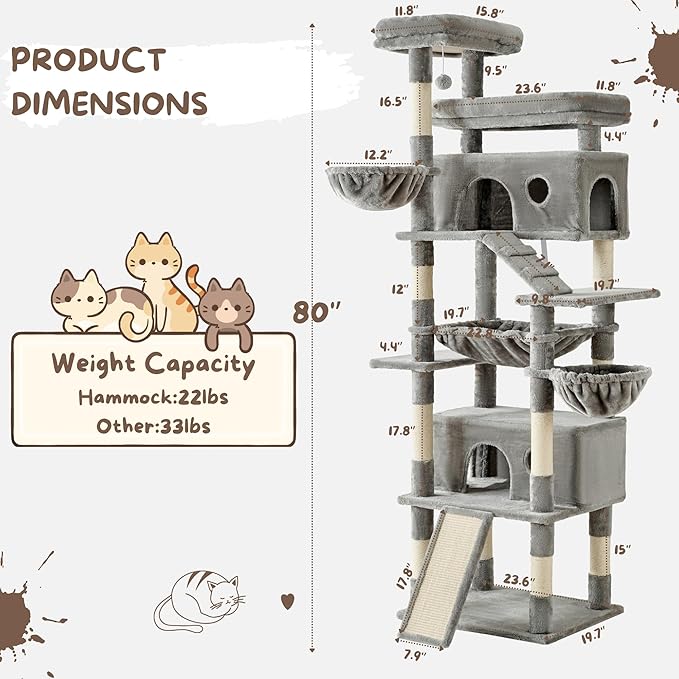 Cat Tree, 80-Inch Large Cat Tower with 9 Scratching Posts, 2 Perches, 2 Caves, 2 Basket, 2 Stairs, Extra Large Hammock, Pompoms, Multi-Level Plush Cat Condo for Indoor Cats/Light Grey-Mewly Pet
