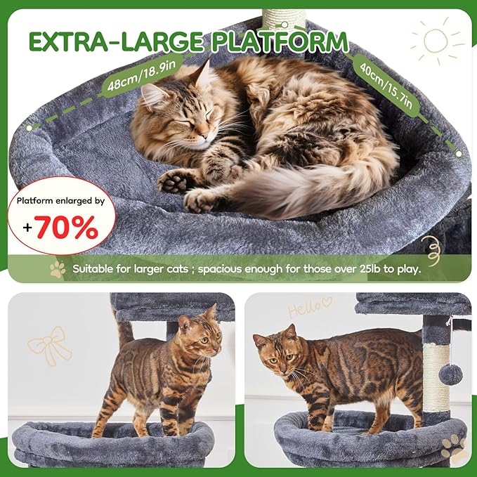 Taoqimiao MS042G Cat Tree,66-inch Large Cat Tower with Scratching Posts, Luxurious Large Platform for Big Cats with Soft Hammock, Adjustable Basket, Deluxe Cat Cando, Top Perch Smoke Gray-Mewly Pet