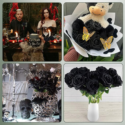 Black Roses Artificial Flowers 10 Pack in Bulk, Black Fake Roses Flowers Realistic Roses for Halloween Gothic Wedding Home Party Decoration Event Gift