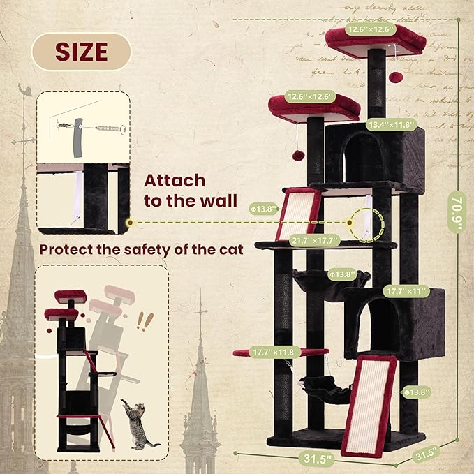 Cat Tree for Indoor Cats, 71'' (180cm) Multi-Level Cat Tower for Large Adult, Gothic Sturdy Cat Tree House with 2 Scratching Boards 7 Posts, 2 Plush Perches/Condos, Hammock, Black GCT032BR-Mewly Pet