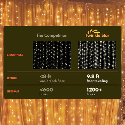Twinkle Star 300 LED Window Curtain String Light Wedding Party Home Garden Bedroom Outdoor Indoor Wall Decorations, Warm White