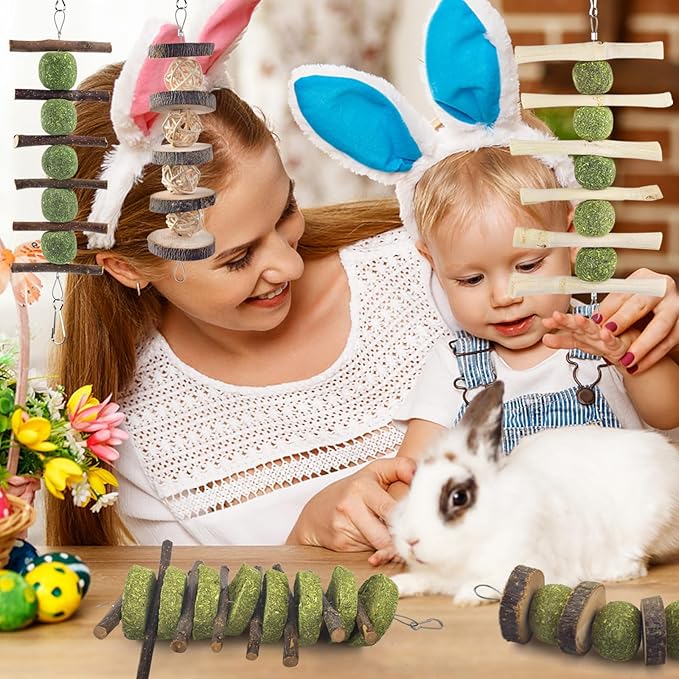 ERKOON Bunny Chew Toys, Rabbit Chew Toys for Teeth Grinding, Improve Dental Health, 100% Natural Apple Wood Timothy Grass Cake Treats for Rabbits Guinea Pigs Chinchillas Bunnies Hamsters (5 Pcs)-Mewly Pet
