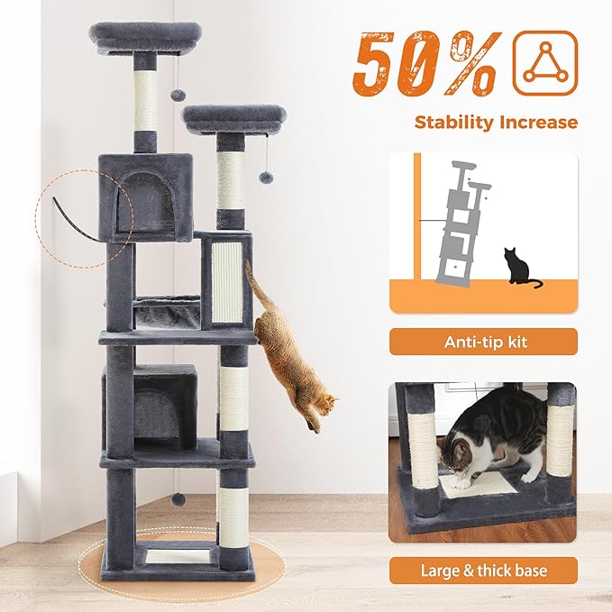 PAWZ Road 70 Inch Cat Tower, Tall Cat Tree with 2 Cozy Condos, 2 Plush Perch, Large Basket, 2 Scraching Pad & 6 Scraching Posts for Indoor Cats Large Adult, Dark Gray-Mewly Pet
