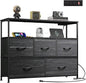 WLIVE Dresser for Bedroom, 5 Drawer Dressers with Charging Station, Fabric Chest of Drawers with Open Shelves, Storage Dresser for Living Room, Closet, Entryway, Charcoal Black Wood Grain Printt
