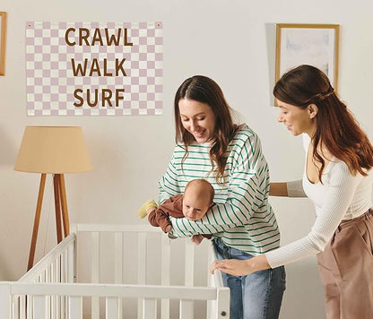 Nursery Rectangular Canvas Banner-Boho Flag Wall Sign Decor for Baby Boy Girl Kid,Baby Room Above Crib Playroom Reading Room Bedroom Decor-Crawl Walk Surf Theme-Baby Shower Birthday Christmas Gift