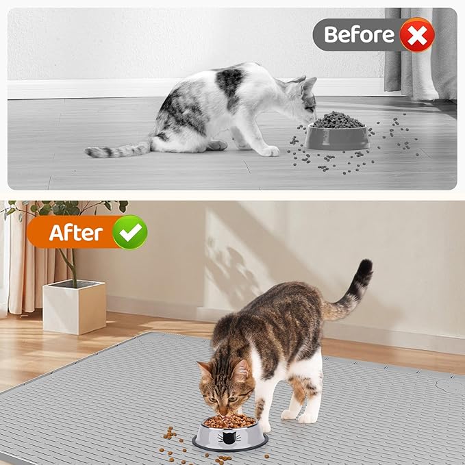 Cat Food Mat, 40" x 28" Extra Large Silicone Pet Feeding Mat with Raised Edge Pet Placemat for Food and Water Bowl Non-Slip, Easy to Clean, Floor Protection (Grey)-Mewly Pet