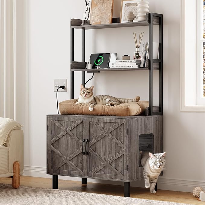 55 Inches Cat Litter Box Enclosure, Hidden Litter Box Furniture with 2 Storage Shelves and Charging Sockets, Wooden Cat House, Large Indoor Cabinet for Living Room & Entryway, Grey-Mewly Pet